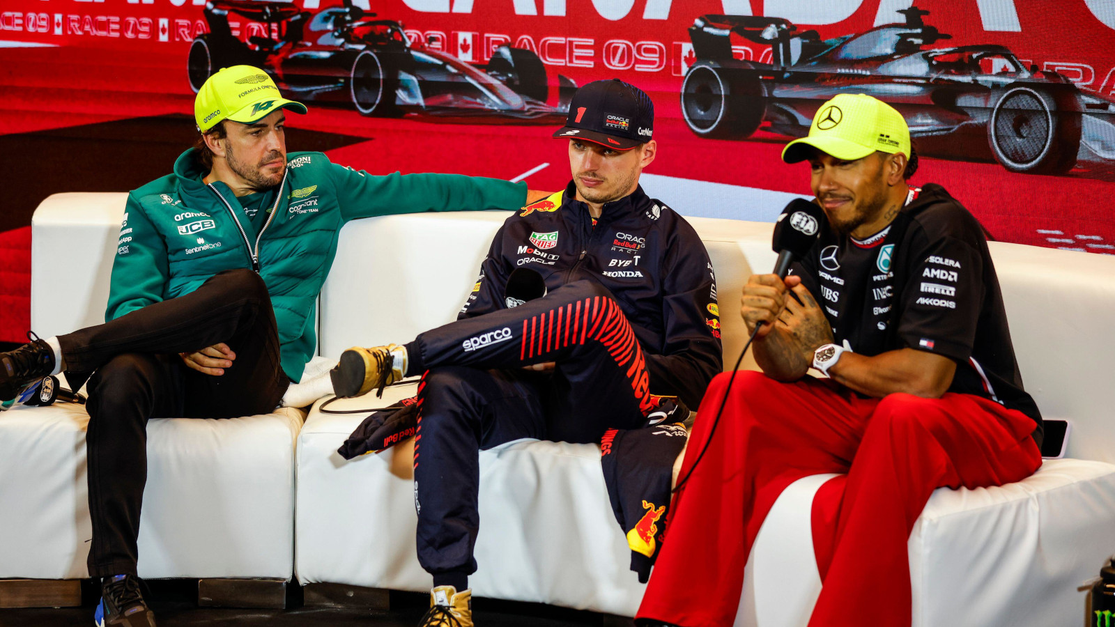 VERSTAPPEN Max (ned), Red Bull Racing RB19, portrait ALONSO Fernando (spa), Aston Martin F1 Team AMR23, portrait HAMILTON Lewis (gbr), Mercedes AMG F1 Team W14, portrait press conference during the Formula 1 Pirelli Grand Prix du Canada, 8th round of the